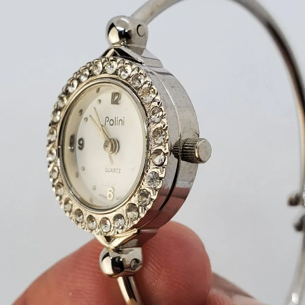 Polini Women's Cuff Watch White Dial Crystal Bezel Gray Bands 6